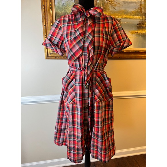 Vintage Dresses & Skirts - Vintage 1950s 60s Plaid Shirt Dress Bow Tie Neck Patch Pockets Mid Century